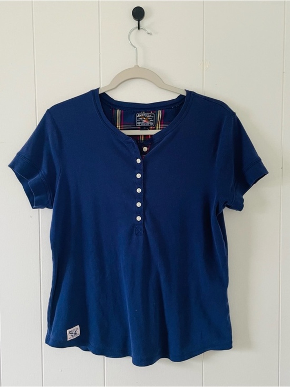 American Living Navy Tee with Red and Green Plaid Trim